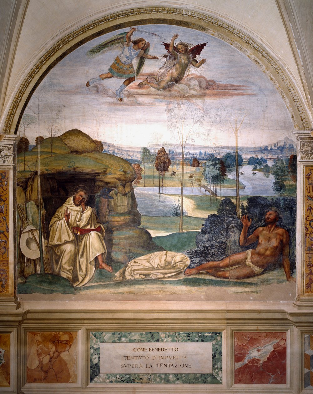 São Bento triunfa sobre a tentação ao atirar-se nu num arbusto de espinhos, enquanto um anjo luta contra o demônio Fresco do refeitório dos monges feito por Antonio Bazzi dit il Sodoma (1477 - 1549) recontando a vida de São Bento (48 de Giovanni Antonio Bazzi Sodoma