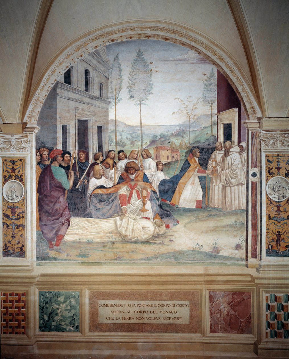 São Bento leva o corpo de Cristo sobre o corpo do monge que a terra se recusa a enterrar fresco do cloitro feito por Antonio Bazzi dit il Sodoma (1477 - 1549) relatando a vida de São Bento de Nursie (480 - 567) fundador da Ordem de Benedi de Giovanni Antonio Bazzi Sodoma