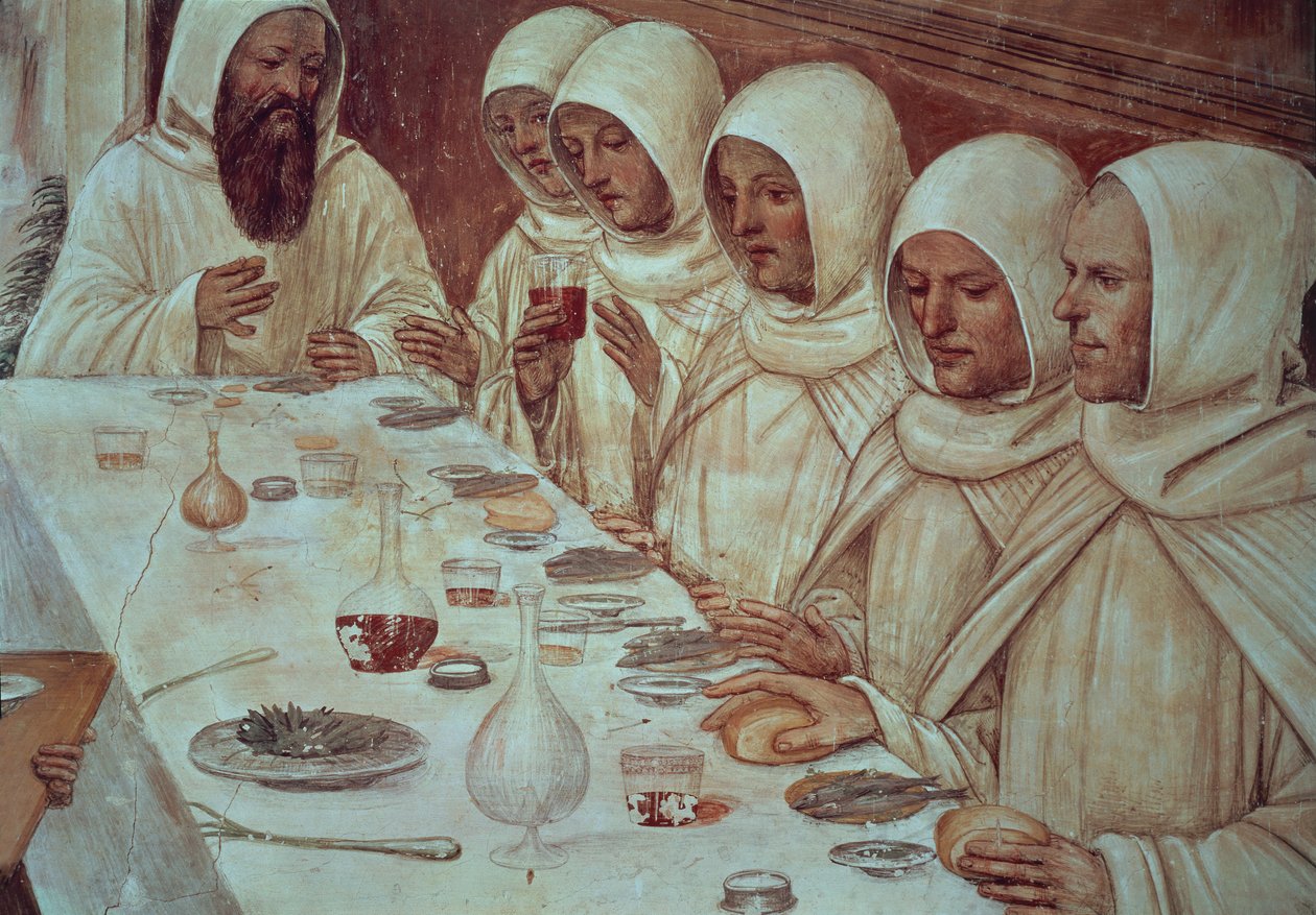 São Bento tendo obtido ampla farinha e alimentado os monges, detalhe da Vida de São Bento de Giovanni Antonio Bazzi Sodoma