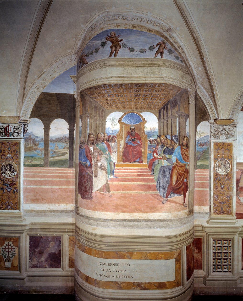 São Bento deixa o afresco da escola de Roma do claustro produzido por Antonio Bazzi dit il Sodoma (1477 - 1549) relatando a vida de São Bento de Nursie (480 - 567) fundador da Ordem de Bento 1503 - 1508 Abadia de Monte Oliveto Maggiore, de Giovanni Antonio Bazzi Sodoma
