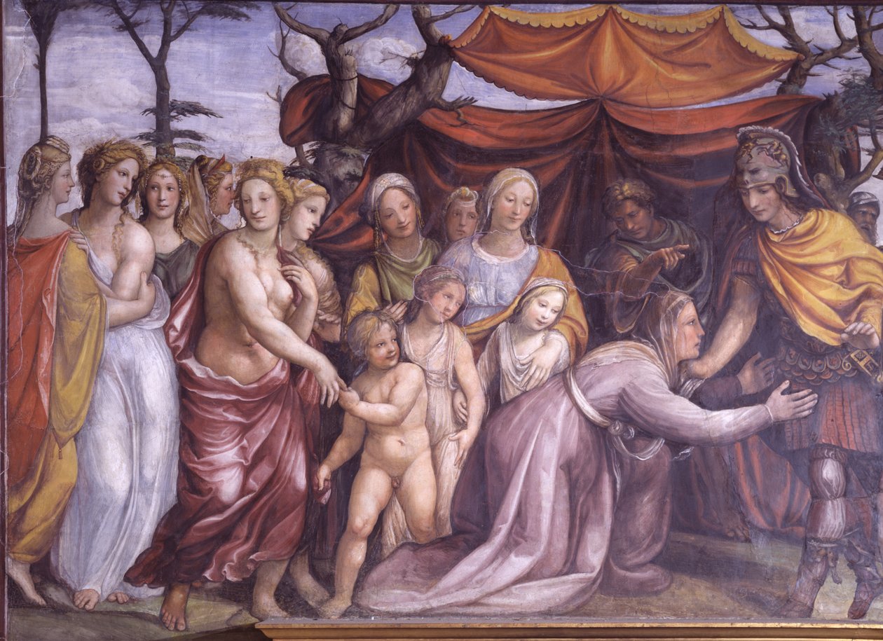 A Sala delle Nozze de Alessandro e Rossana Salão do Casamento de Alexandre O Grande 356-323 aC e Roxanne detalhe de Alexandre com a família de Dario III, afresco c.1513 de Giovanni Antonio Bazzi Sodoma