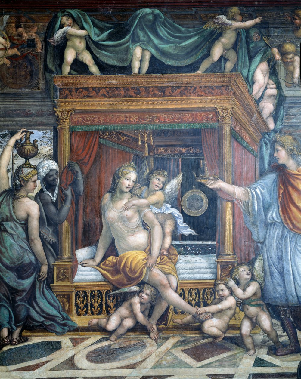 A Sala delle Nozze de Alessandro e Rossana Salão do Casamento de Alexandre O Grande 356-323 aC e Roxanne detalhe de Roxanne em seu quarto de dormir sendo presenteado com uma coroa de Alexandre, c.1513 de Giovanni Antonio Bazzi Sodoma