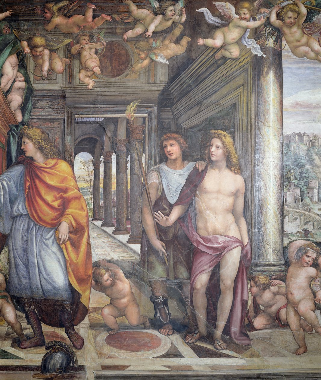 A Sala delle Nozze di Alessandro e Rossana Salão do Casamento de Alexandre, o Grande 356-323 aC e Roxanne detalhe de Alexandre e dois atendentes do sexo masculino com putti acima, c.1513 detalhe afresco de 10 de Giovanni Antonio Bazzi Sodoma