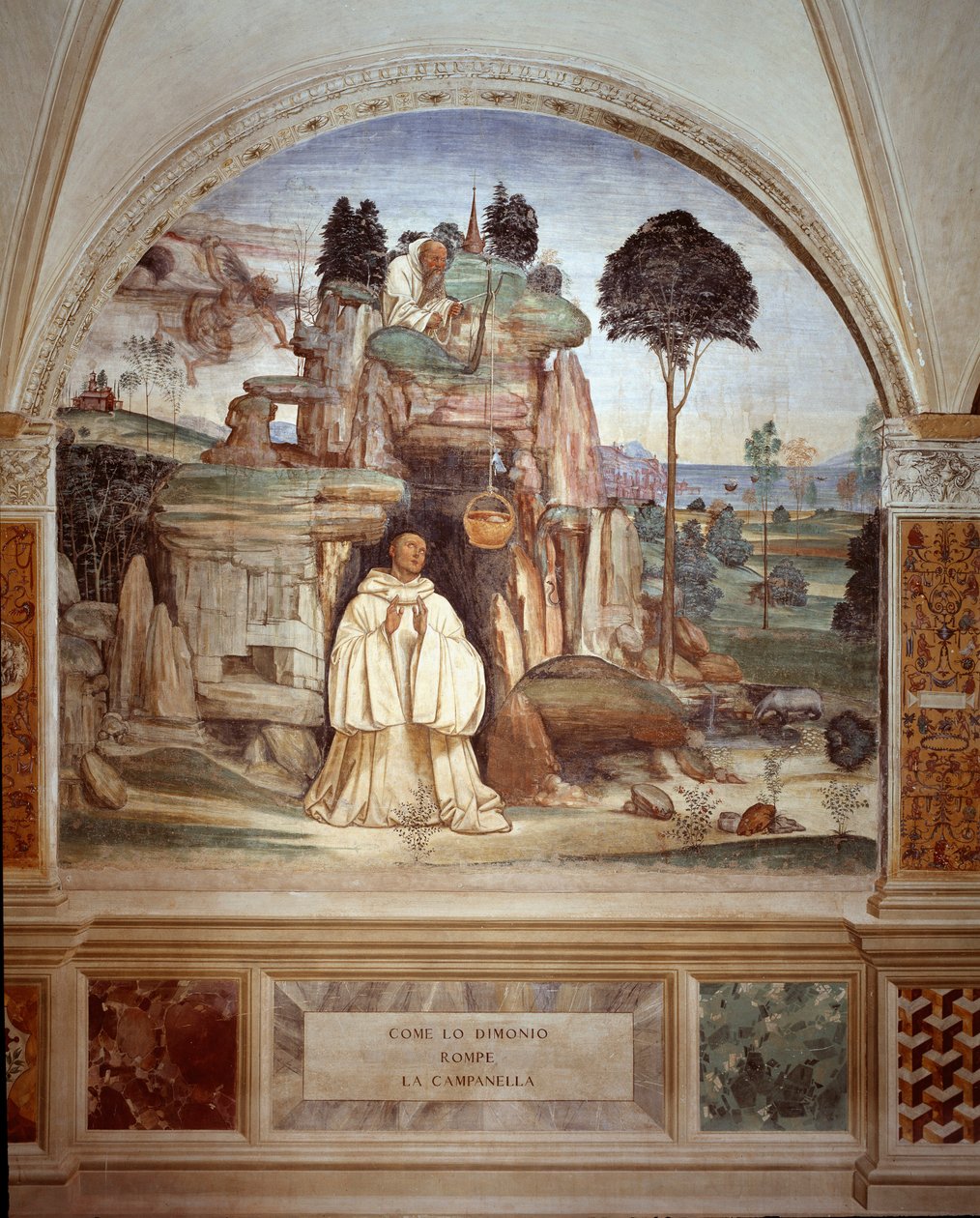 O demônio quebra o sino - O demônio quebra o fresco do sino do claustro feito por Antonio Bazzi dit il Sodoma (1477 - 1549) relatando a vida de São Bento de Nursie (480 - 567) fundador da Ordem de Bento 1503 - 1508 Abadia de Monte Olivet de Giovanni Antonio Bazzi Sodoma