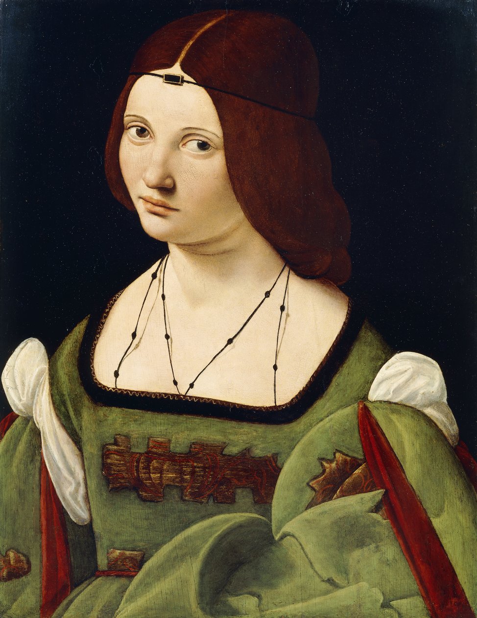 Retrato de uma senhora, dita Clarice Pusterla, de comprimento médio, em um vestido verde, de Giovanni Antonio Boltraffio