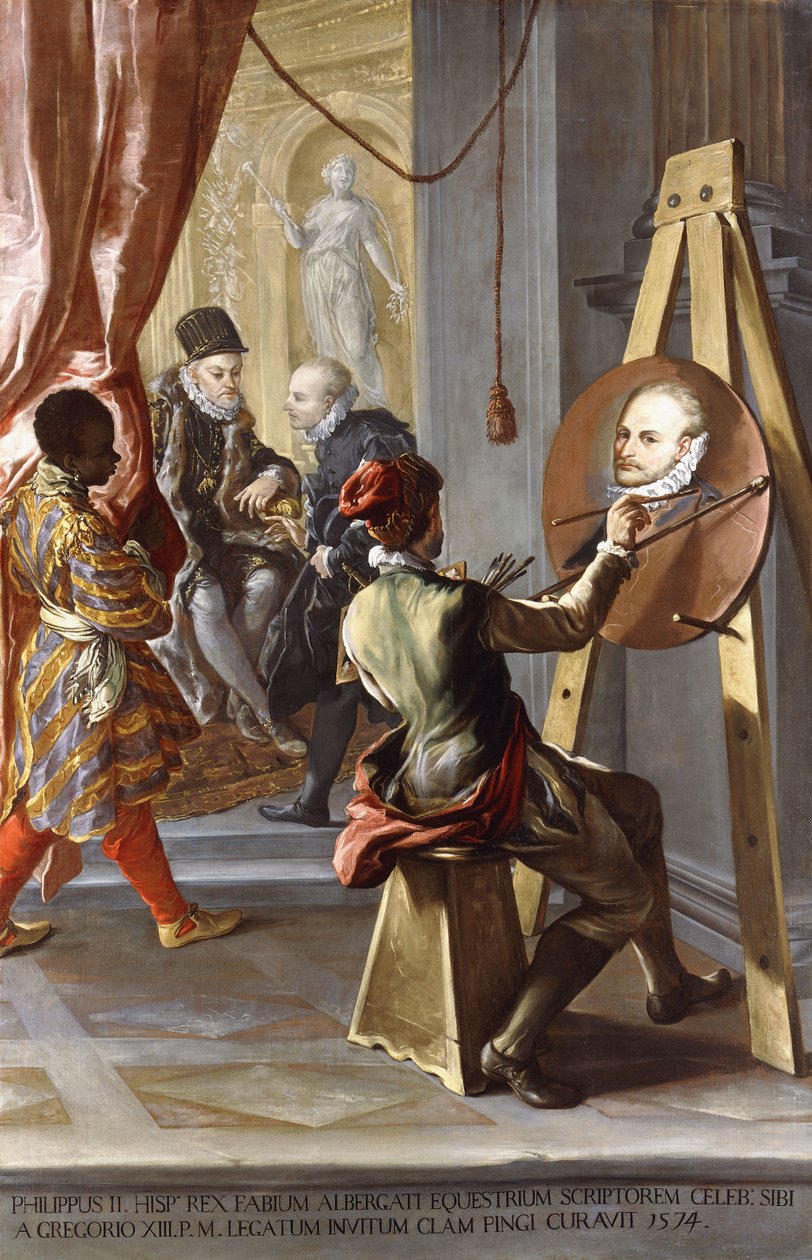 Fabio Albergati recebido por Filipe II da Espanha, enquanto um artista executa secretamente seu retrato segundo as instruções do rei de Giovanni Antonio Burrini or Burino