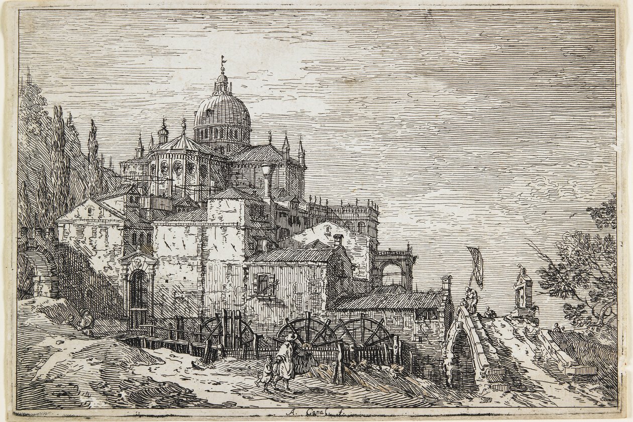 Paisagem com uma igreja, casas e um moinho de Giovanni Antonio Canal