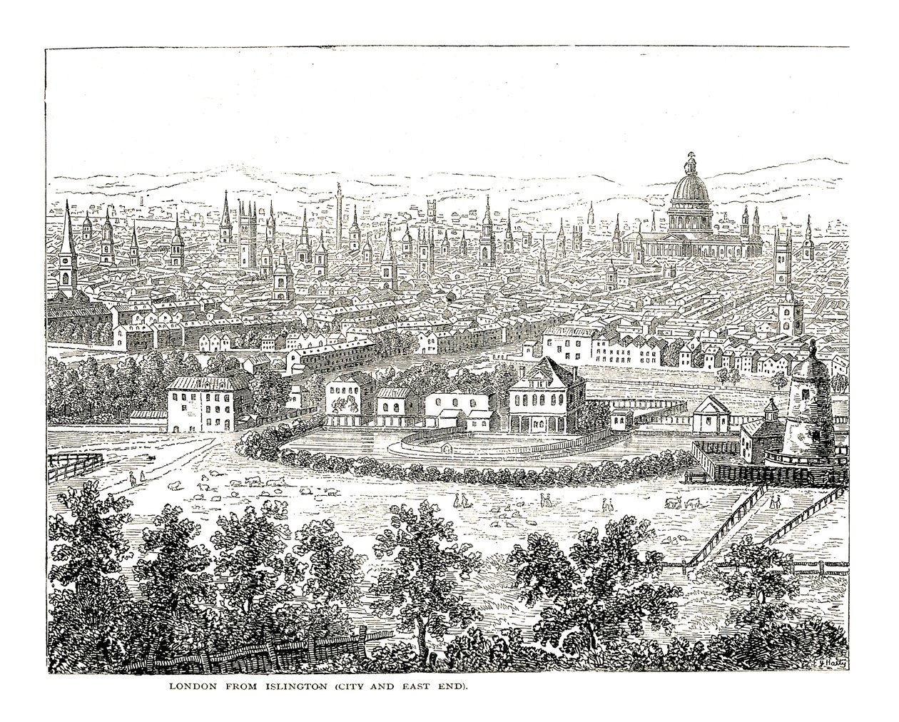 Londres da cidade de Islington e East End. De uma visão de Canaletti, publicada em 1753 de Giovanni Antonio Canal