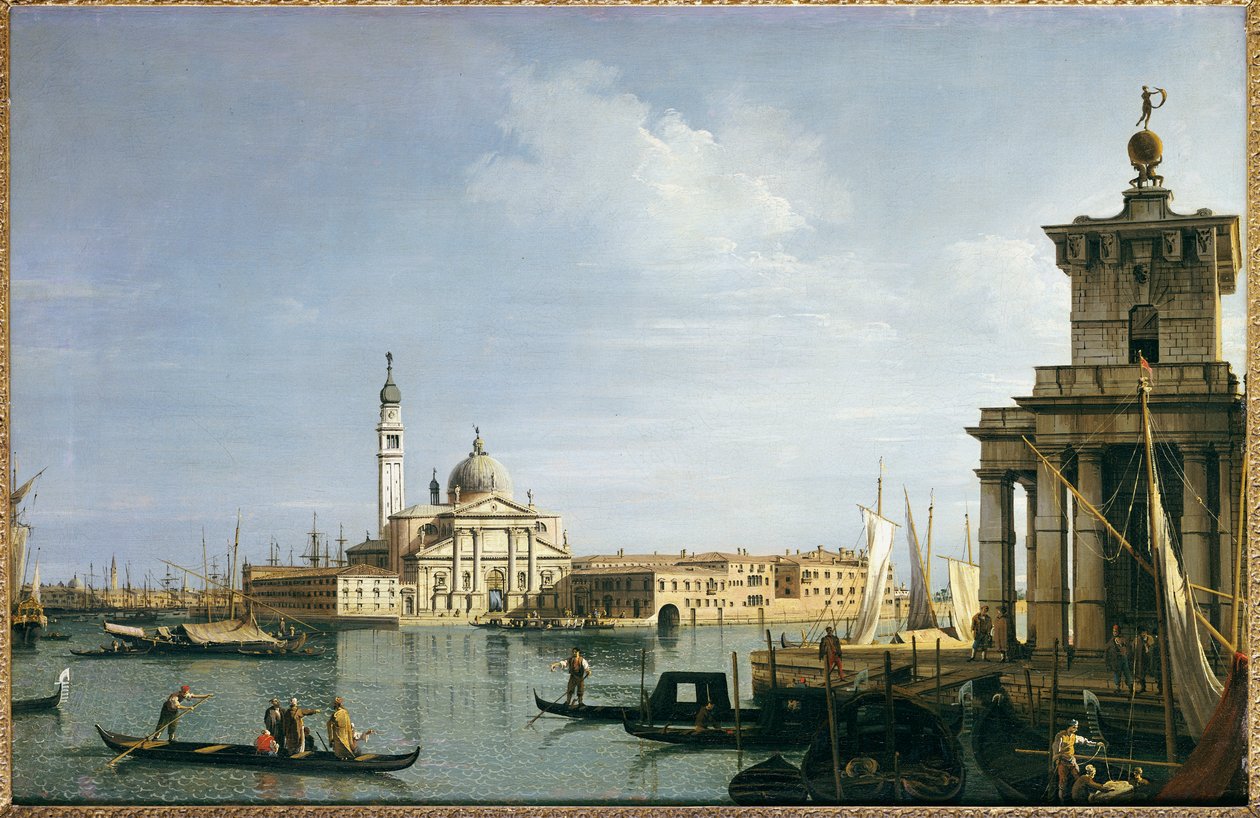 A ilha de San Giorgio Maggiore, Veneza, com a Punta della Dogana e numerosas embarcações de Giovanni Antonio Canal