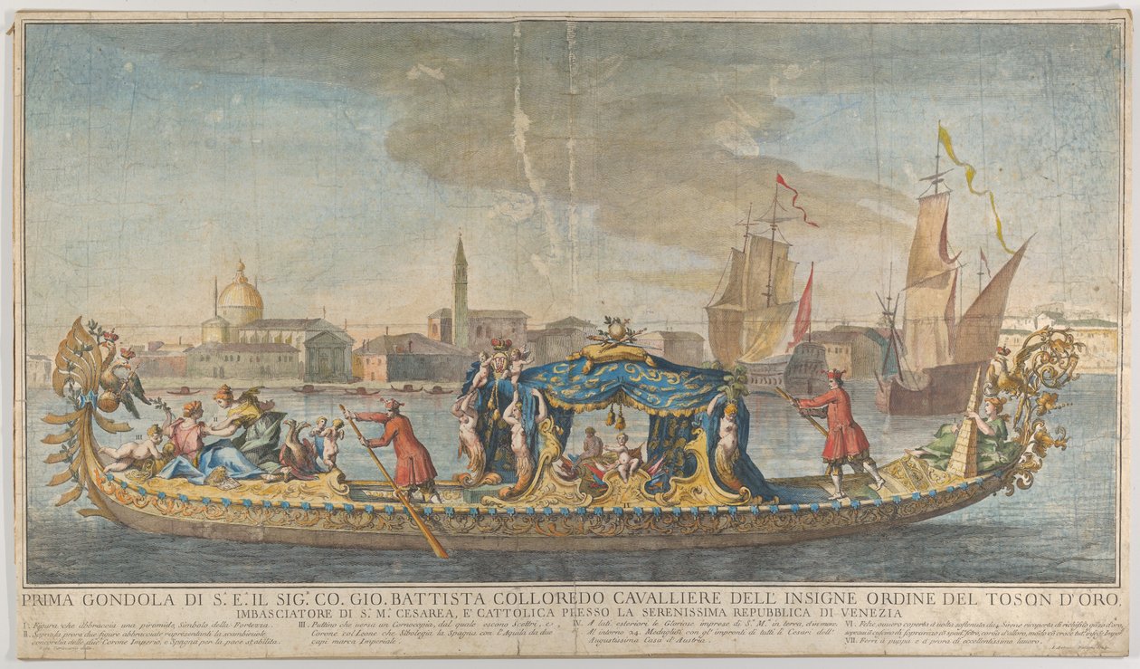 A primeira gôndola altamente ornamentada do Embaixador Giovanni Battista Colloreado entrando..., 1720-30. de Giovanni Antonio Faldoni