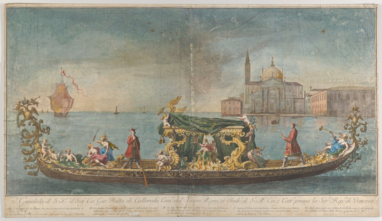 A segunda gôndola altamente ornamentada do Embaixador Giovanni Battista Colloreado entrando..., 1720-30. de Giovanni Antonio Faldoni