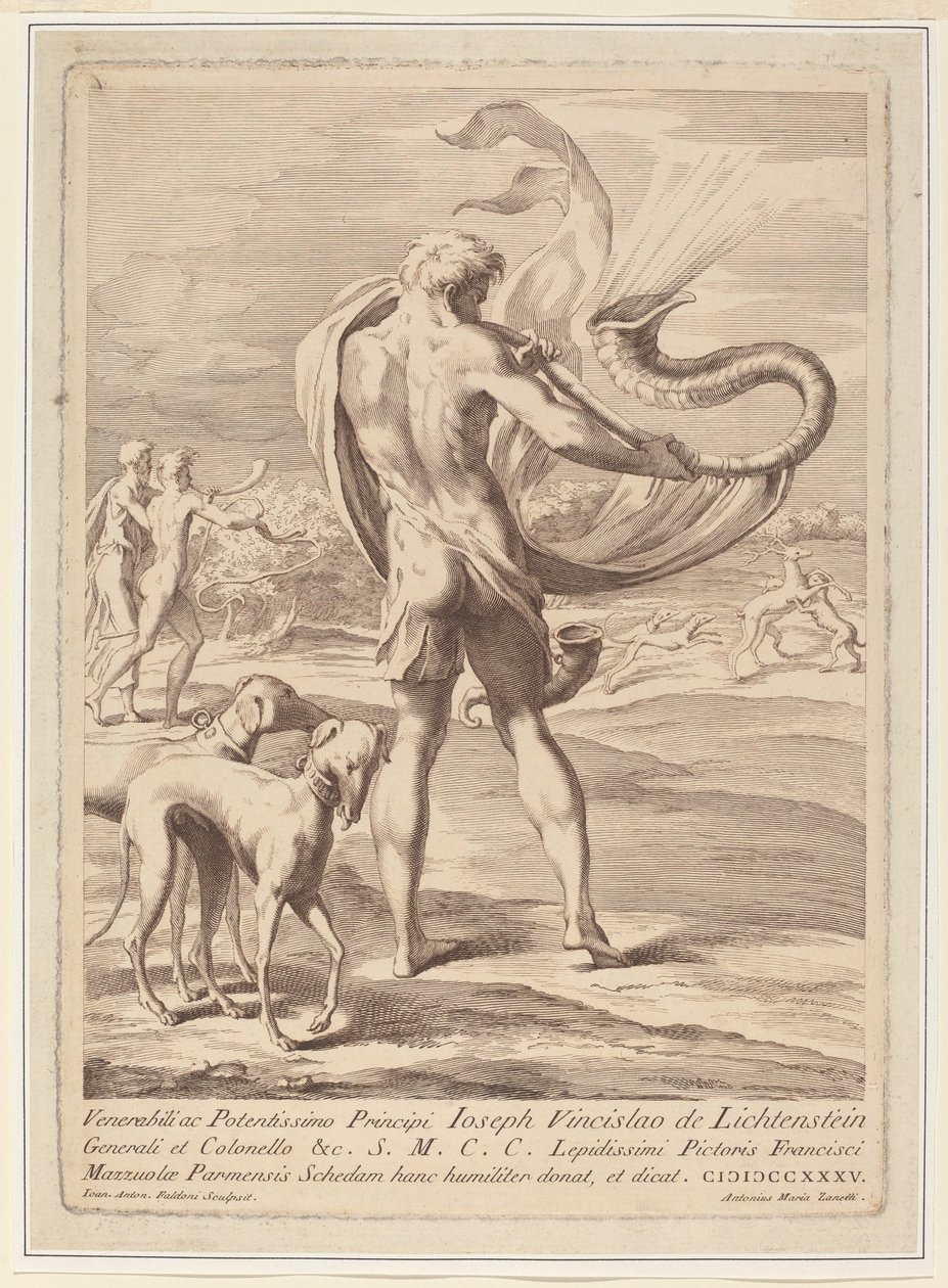 Homem nu soprando uma concha de Giovanni Antonio Faldoni after Parmigianino