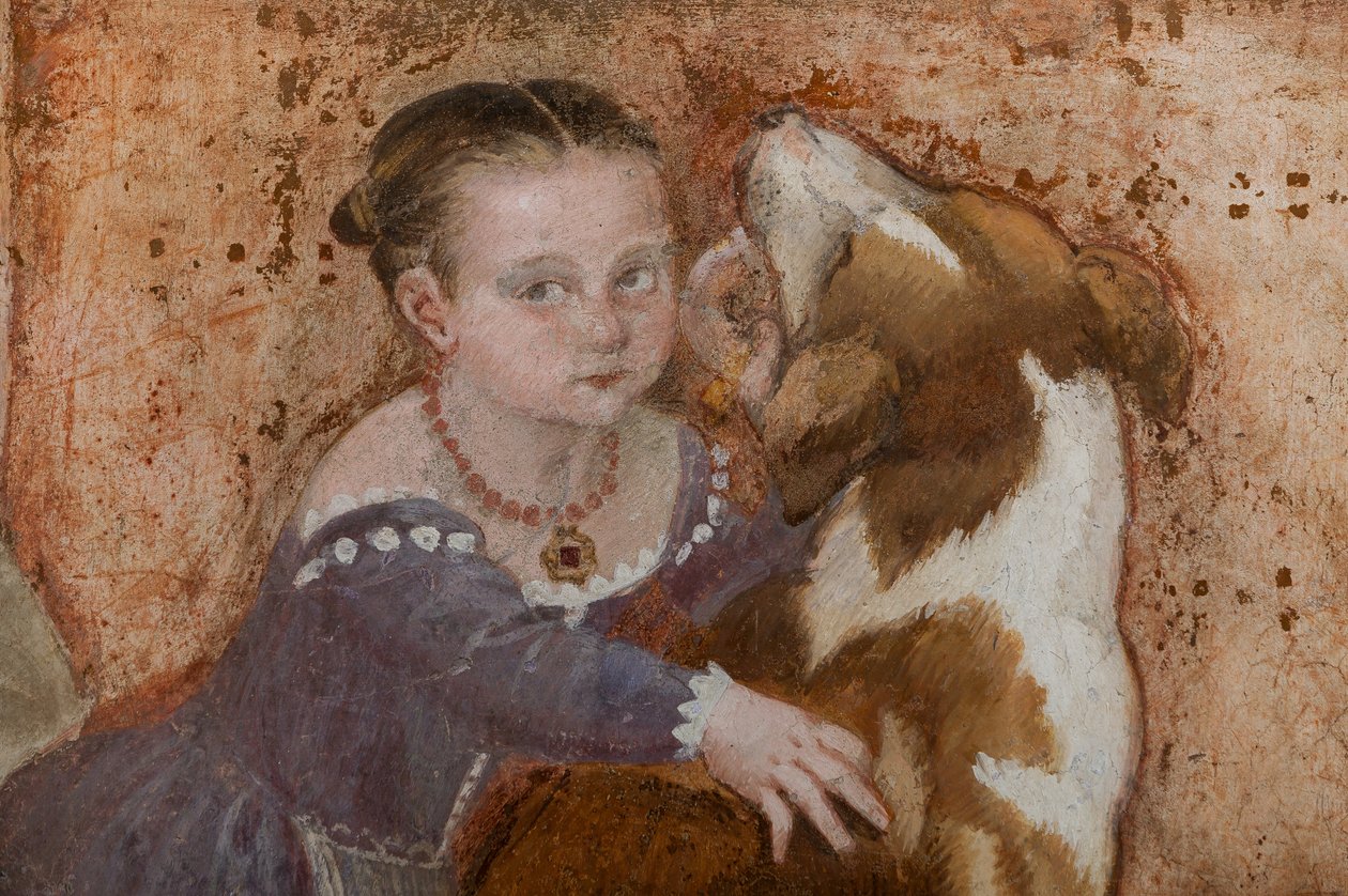 Menina e cachorro, detalhe do banquete, c.1570 (fresco) de Giovanni Antonio Fasolo