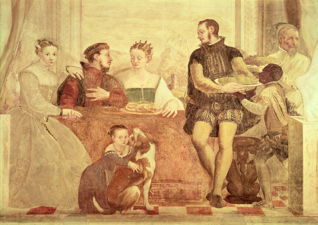 O Banquete, detalhe das figuras na mesa de Giovanni Antonio Fasolo