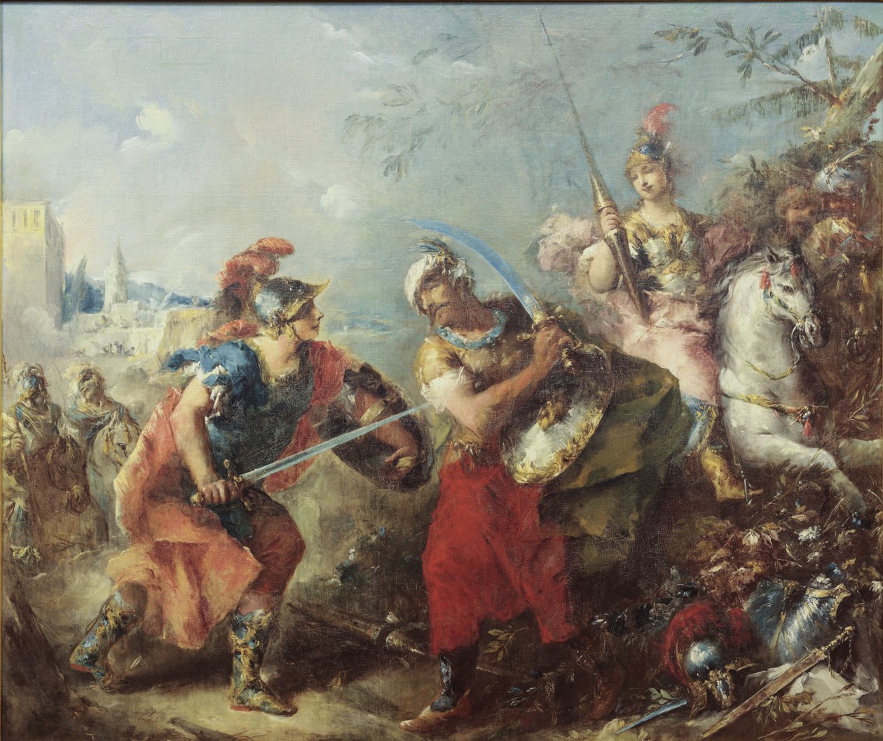 A luta entre Tancredo e Argante com Clorinda em segundo plano de Giovanni Antonio Guardi