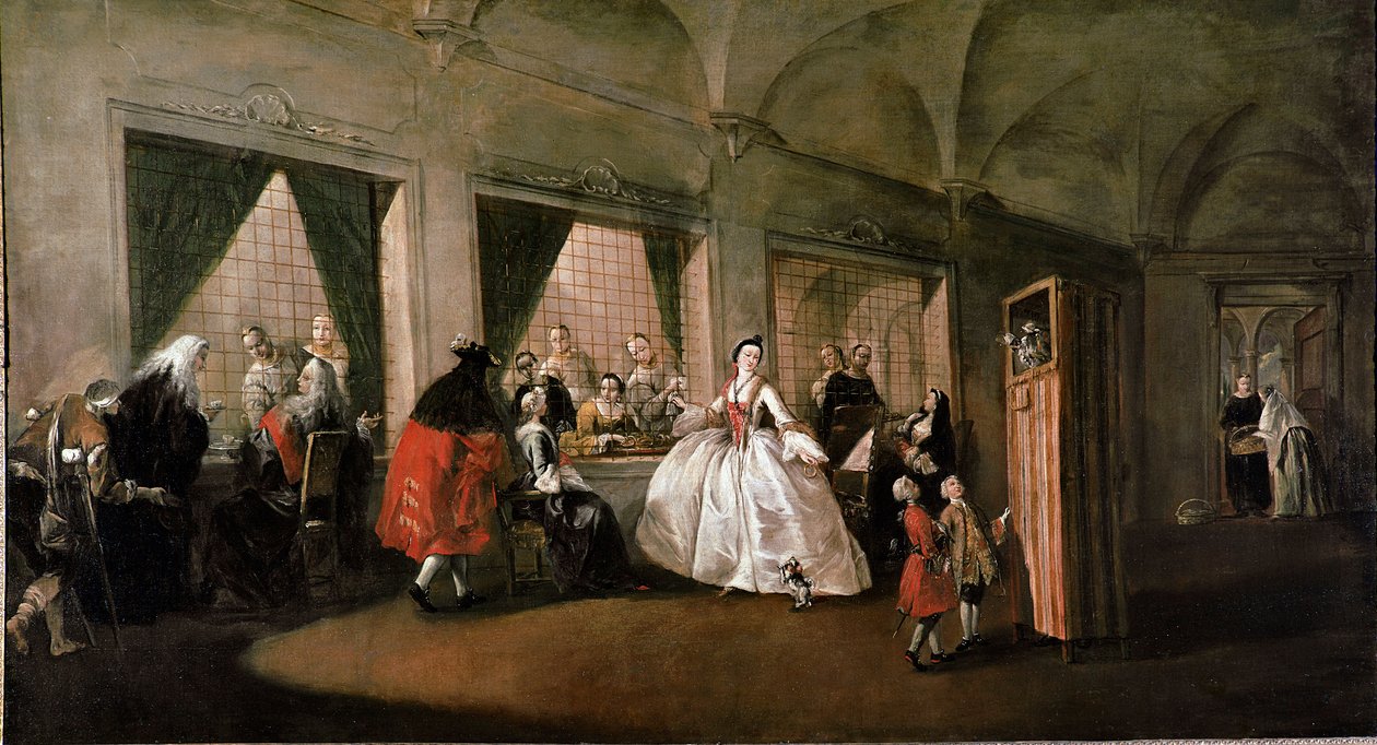 O salão visto do mosteiro da igreja de San Zaccaria em Veneza, as freiras conversam com os visitantes, um show de marionetes é organizado para as crianças. Pintura de Gianantonio Guardi ou Giovanni Antonio Guardi (1699-1760) Sol do século XVIII. 108x208 cm de Giovanni Antonio Guardi