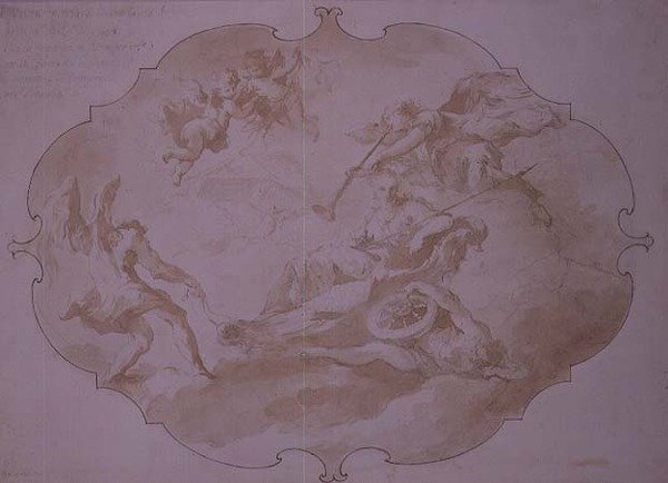 Triunfo da Virtude Militar, c.1750 (caneta e lavagem) de Giovanni Antonio Guardi