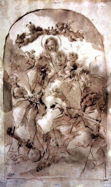 Virgem e Menino com São Domingos, Santa Teresa e São Coribiano, c.1745 (lavagem marrom sobre giz vermelho) de Giovanni Antonio Guardi