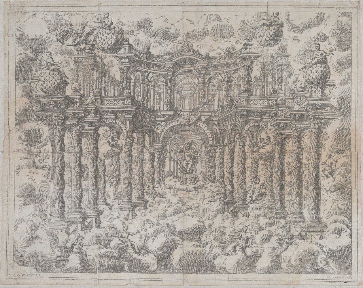 Placa 2 [contraprova]: Cenário com figuras alegóricas sentadas entre as nuvens, com..., 1690. de Giovanni Antonio Lorenzini