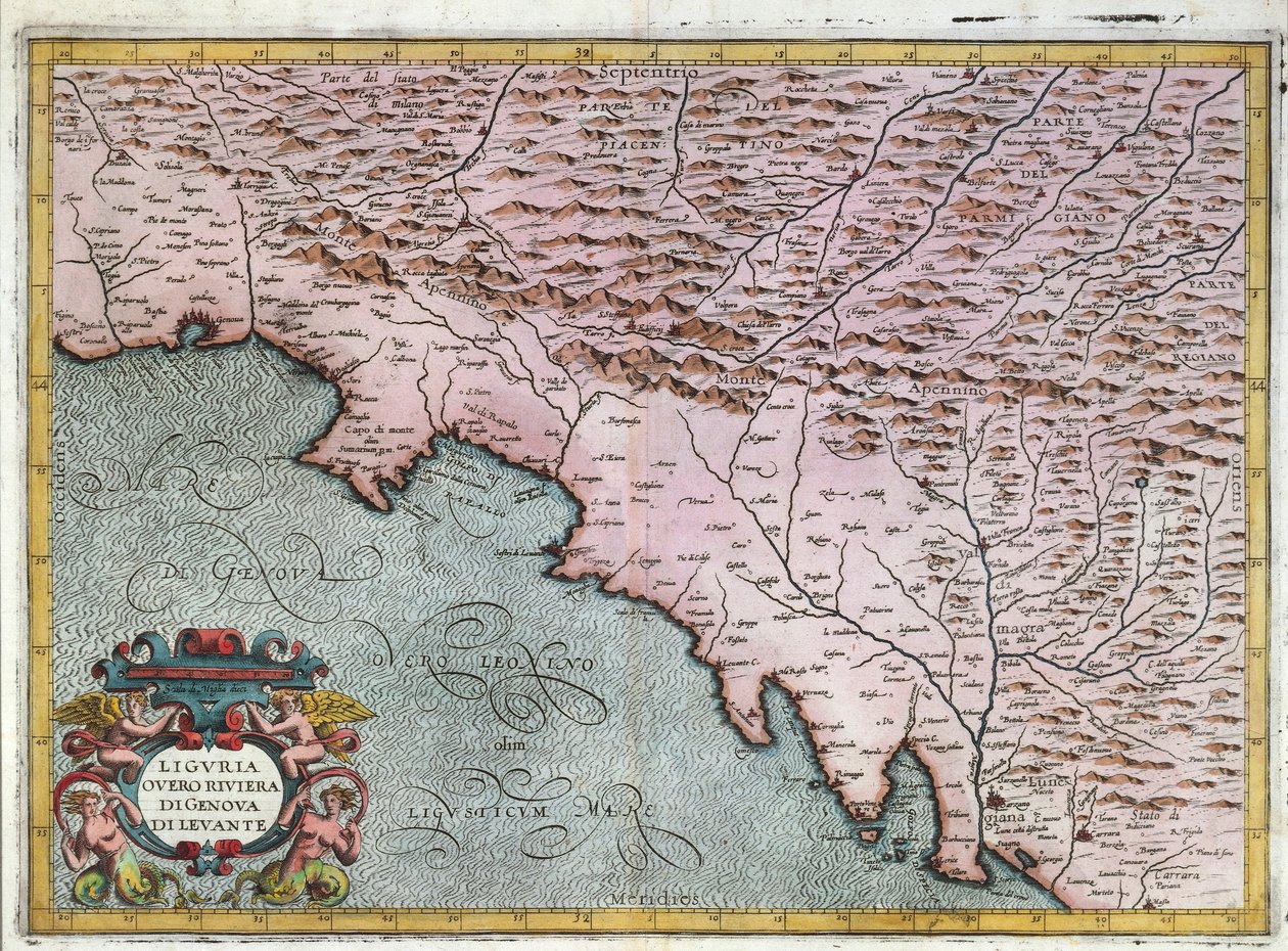 Mapa da Região da Ligúria Oriental, Por Giovanni Antonio Magini, Bolonha, Gravura em cobre de Giovanni Antonio Magini