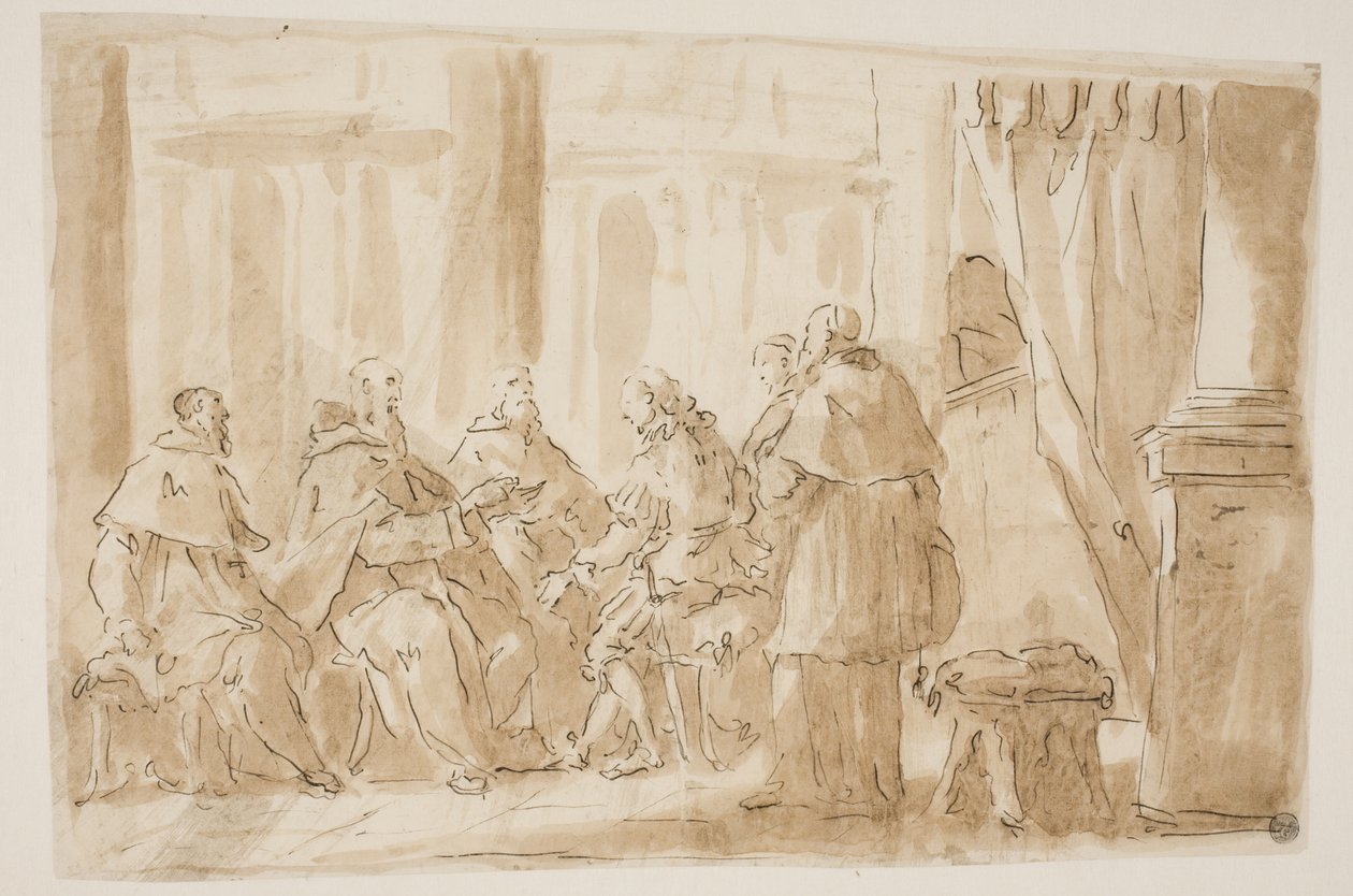 Um grupo de cinco clérigos conversando com um leigo de Giovanni Antonio Pellegrini
