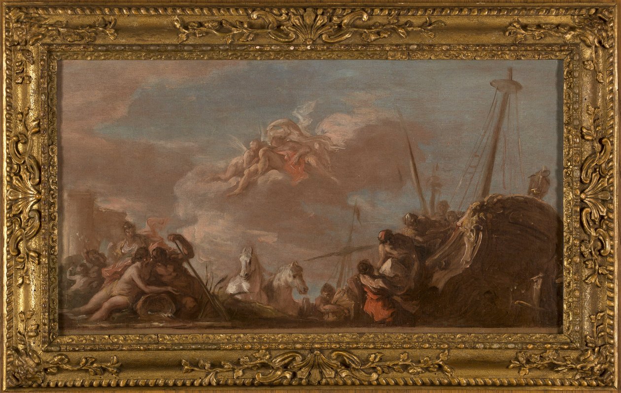 Esboço para o teto do Banco Real: Le Déchargement en bord de Seine de marchandises en provenance de la Louisiane, en 1720 (óleo sobre tela (tecelagem)) de Giovanni Antonio Pellegrini