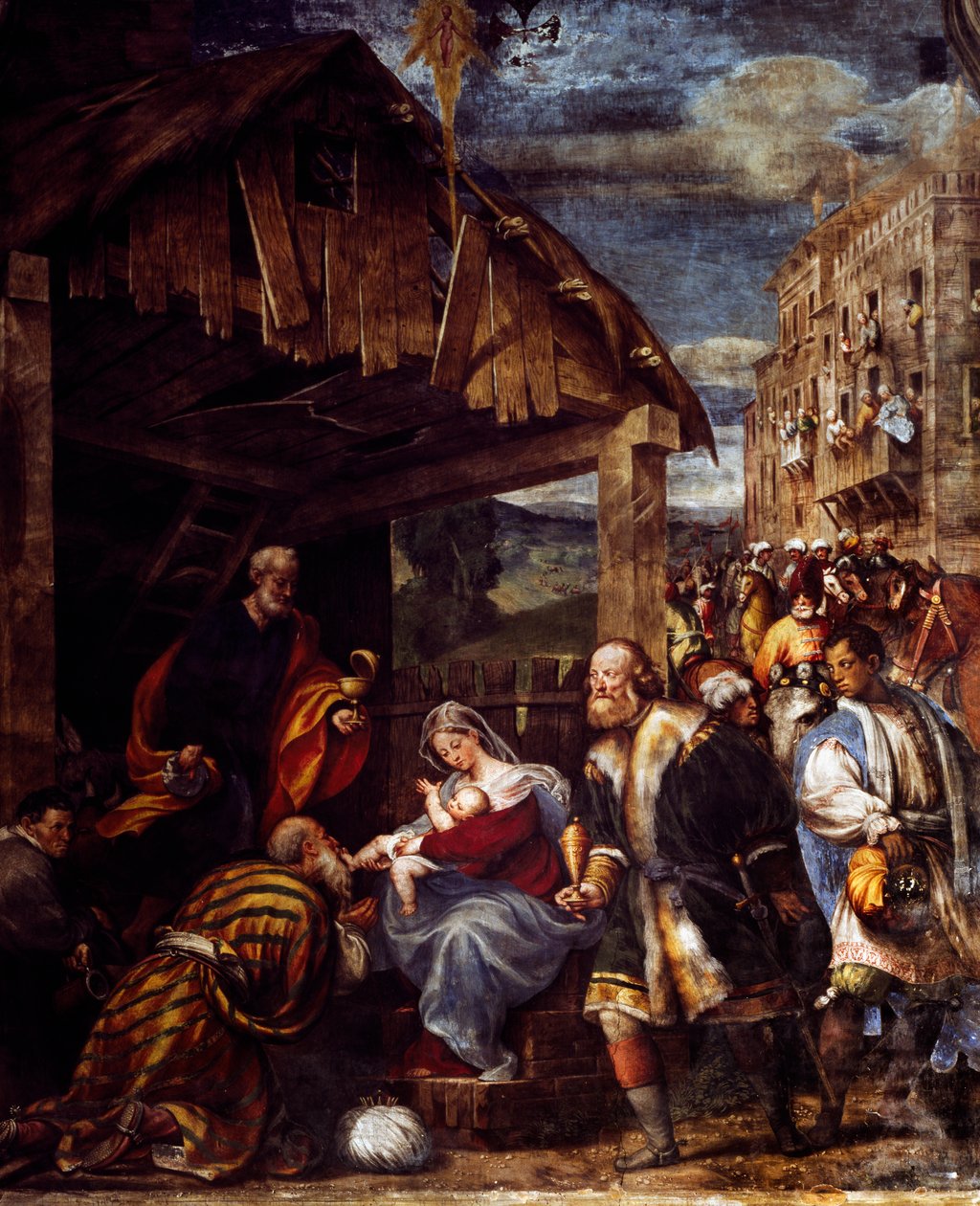 Adoração dos Magos, ca. 1530, por Pordenone (1483-1484 - 1539), fresco, Capela dos Magos, Igreja de Santa Maria di Campagna, Piacenza, Emilia-Romagna. Detalhe. Itália de Giovanni Antonio Pordenone