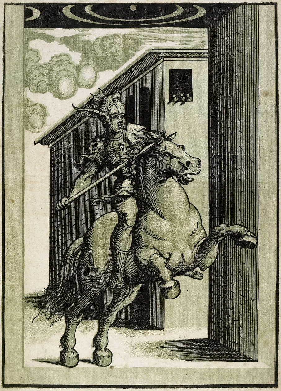 Marcus Curtius, c.1540 (xilogravura de claro-escuro de 3 blocos) de Giovanni Antonio Pordenone