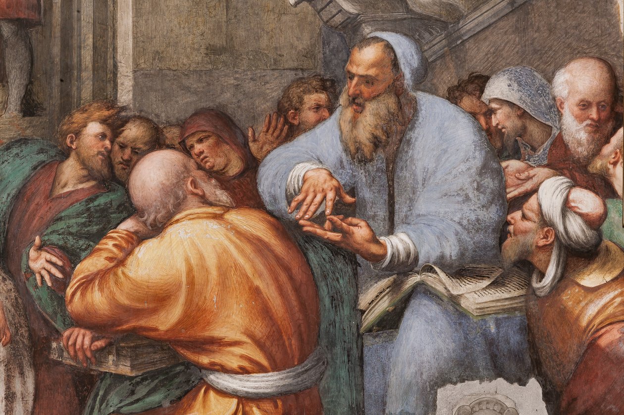 Disputa de Santa Catarina com os Filósofos, 1530-32 (fresco) (detalhe de 3601450) de Giovanni Antonio Pordenone