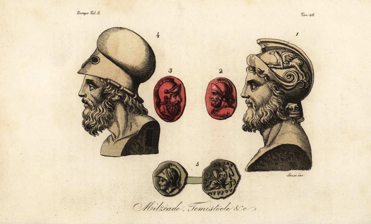 Bustos e joias dos políticos atenienses Miltíades, o Jovem 1,2, Temístocles 3,4 e Rei Pirro I 5 de Giovanni Antonio Sasso