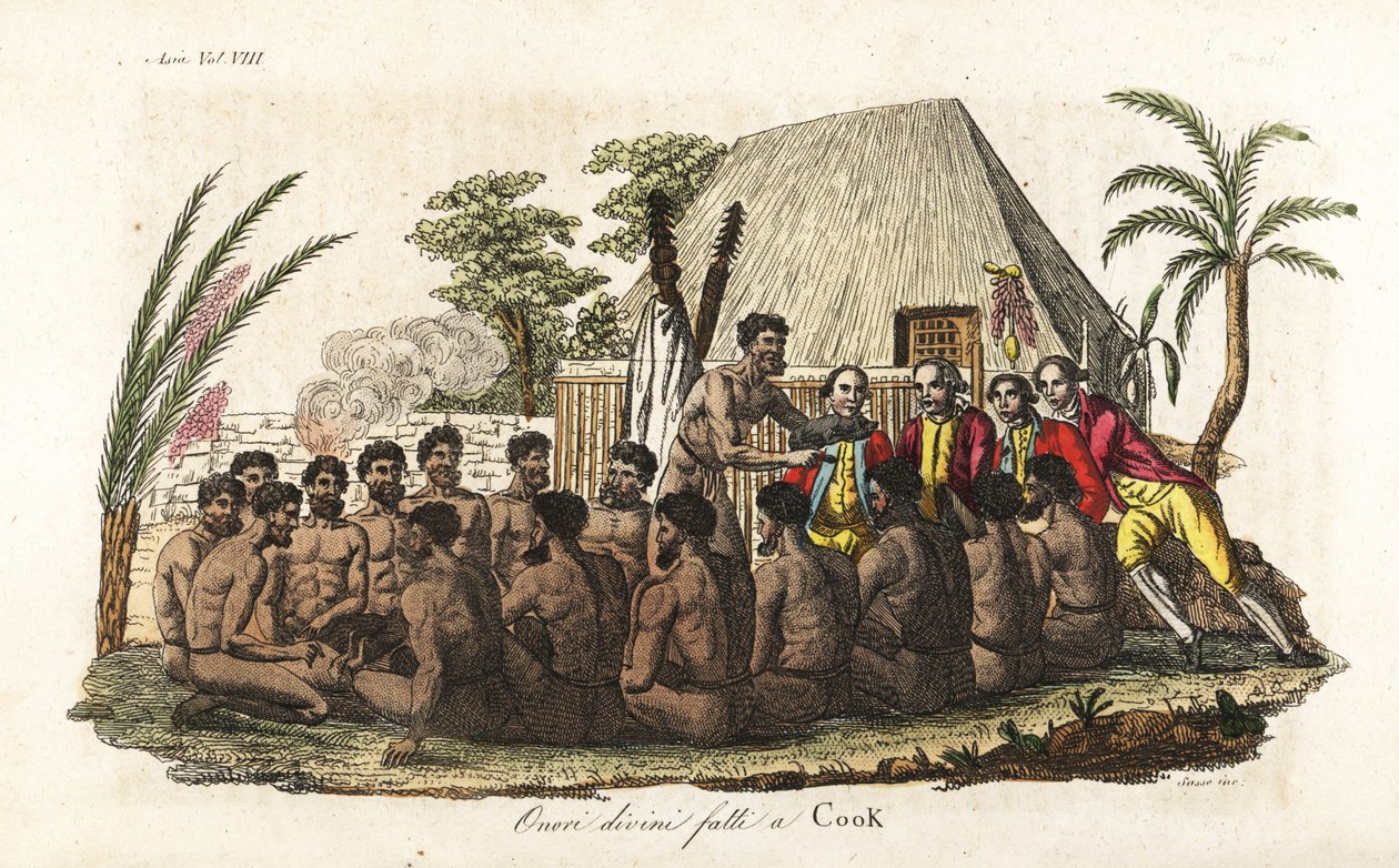 Os nativos havaianos oferecem um porco sacrificial ao Capitão James Cook perante 12 sacerdotes e um ídolo de madeira na casa sagrada de Orono. Placa de cobre colorida à mão gravada por Sasso depois de John Webber, de Giulio Ferrario