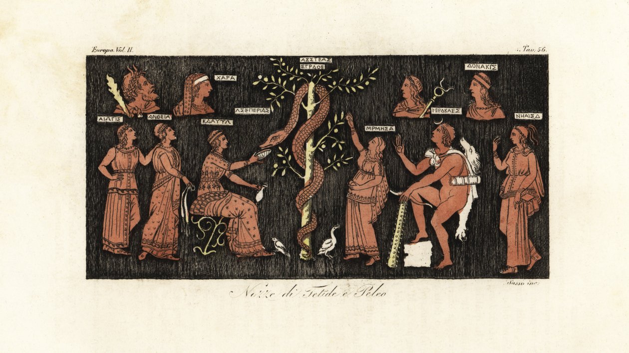 Heracles no seu 11º trabalho de parto, levando maçãs douradas do Jardim das Hespérides guardadas pela serpente Ladon de Giovanni Antonio Sasso