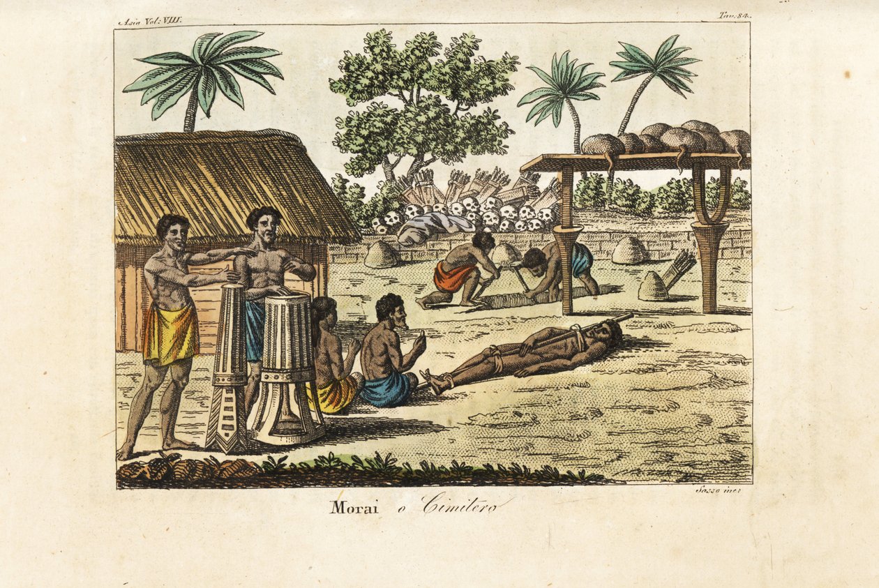 Sacrifício humano numa marae sagrada (Morai) ou cemitério, Tahiti. Bateristas à esquerda, uma vítima com um porco amarrado e dois cavadores de sepulturas a cavar uma sepultura diante de uma pilha de crânios humanos e agitadores de flechas. Placa de cobre c de Giovanni Antonio Sasso