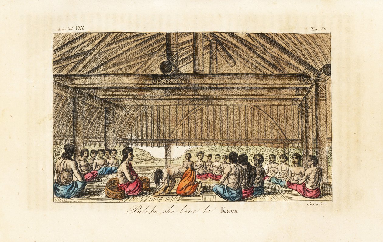 Rei Polaho bebendo kava numa longa casa, Tonga (Ilhas Amigas). Placa de cobre colorida à mão gravada por Sasso depois de John Webber, de Giulio Ferrario