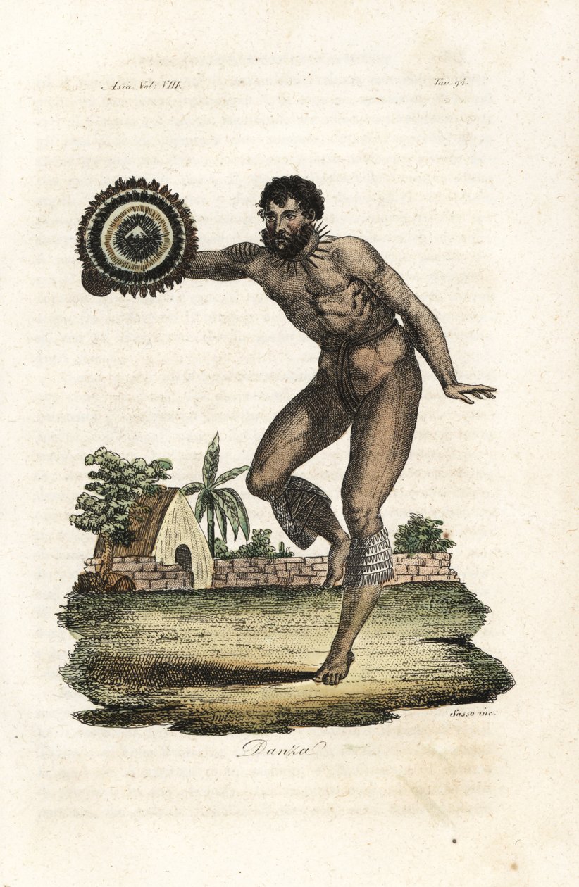Homem nu tatuado do Havai (Ilhas Sandwich) a dançar para o Capitão James Cook de Giovanni Antonio Sasso