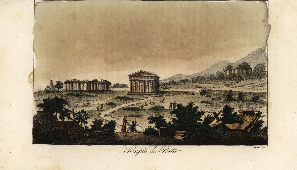 Vista dos antigos templos gregos de Hera em Paestum, Itália de Giovanni Antonio Sasso
