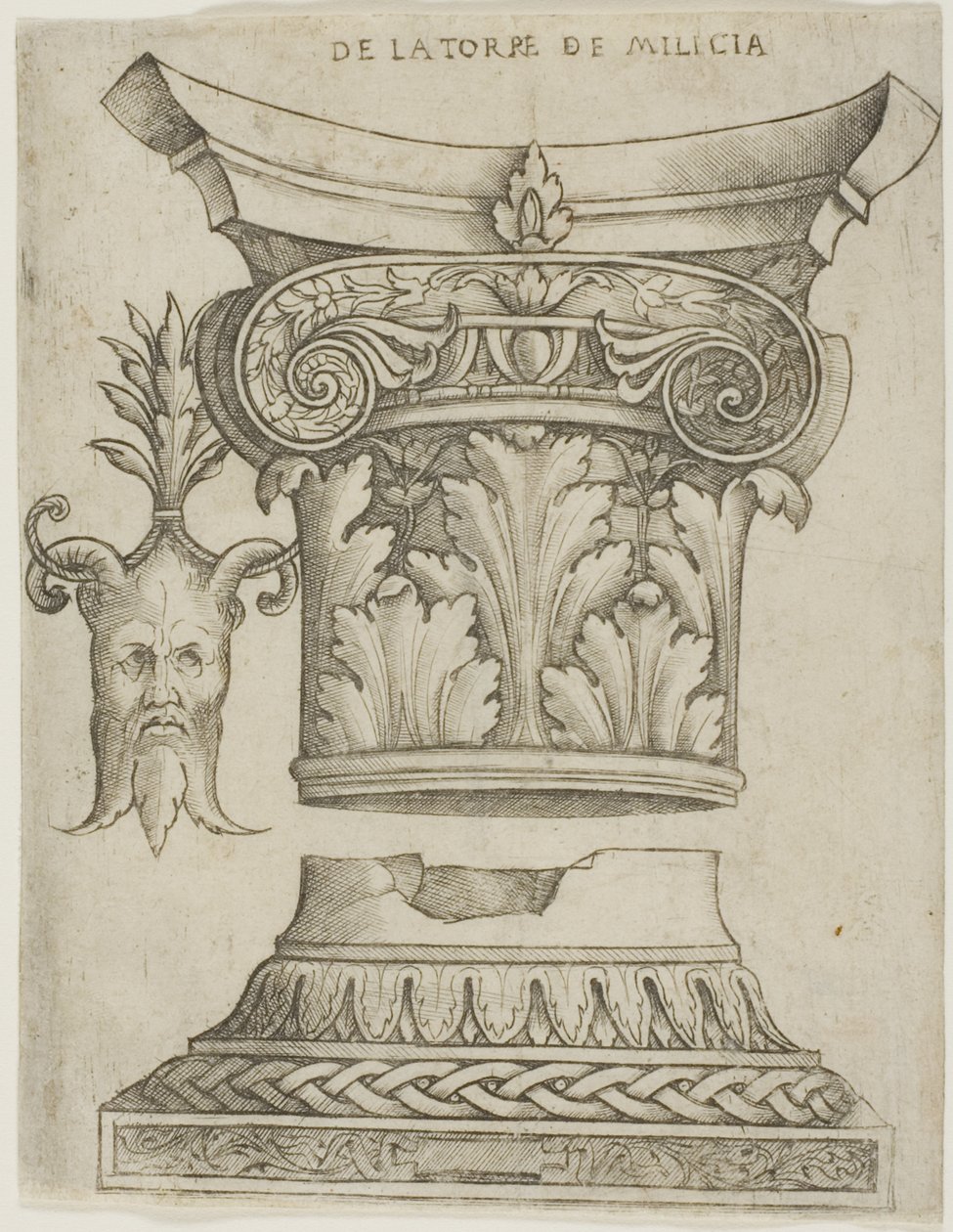 Detalhes arquitetônicos: base, capital e máscara de Giovanni Antonio da Brescia