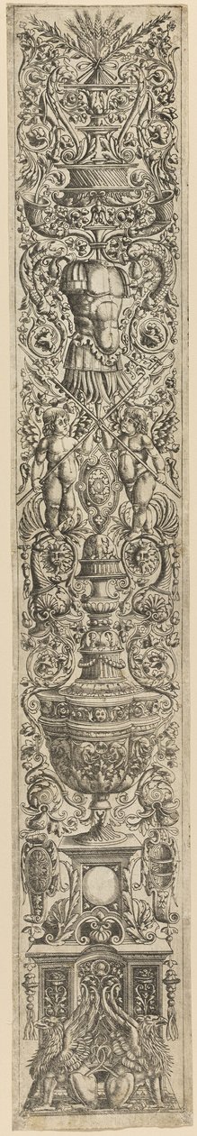 Grifos e dois cupidos cruzando alabardas, prato 5 de Doze painéis de ornamentos de Giovanni Antonio da Brescia
