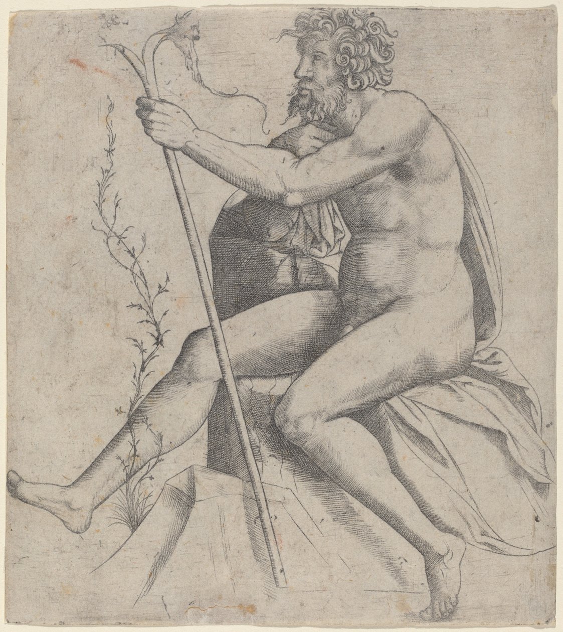 Homem sentado segurando um bastão bifurcado de Giovanni Antonio da Brescia