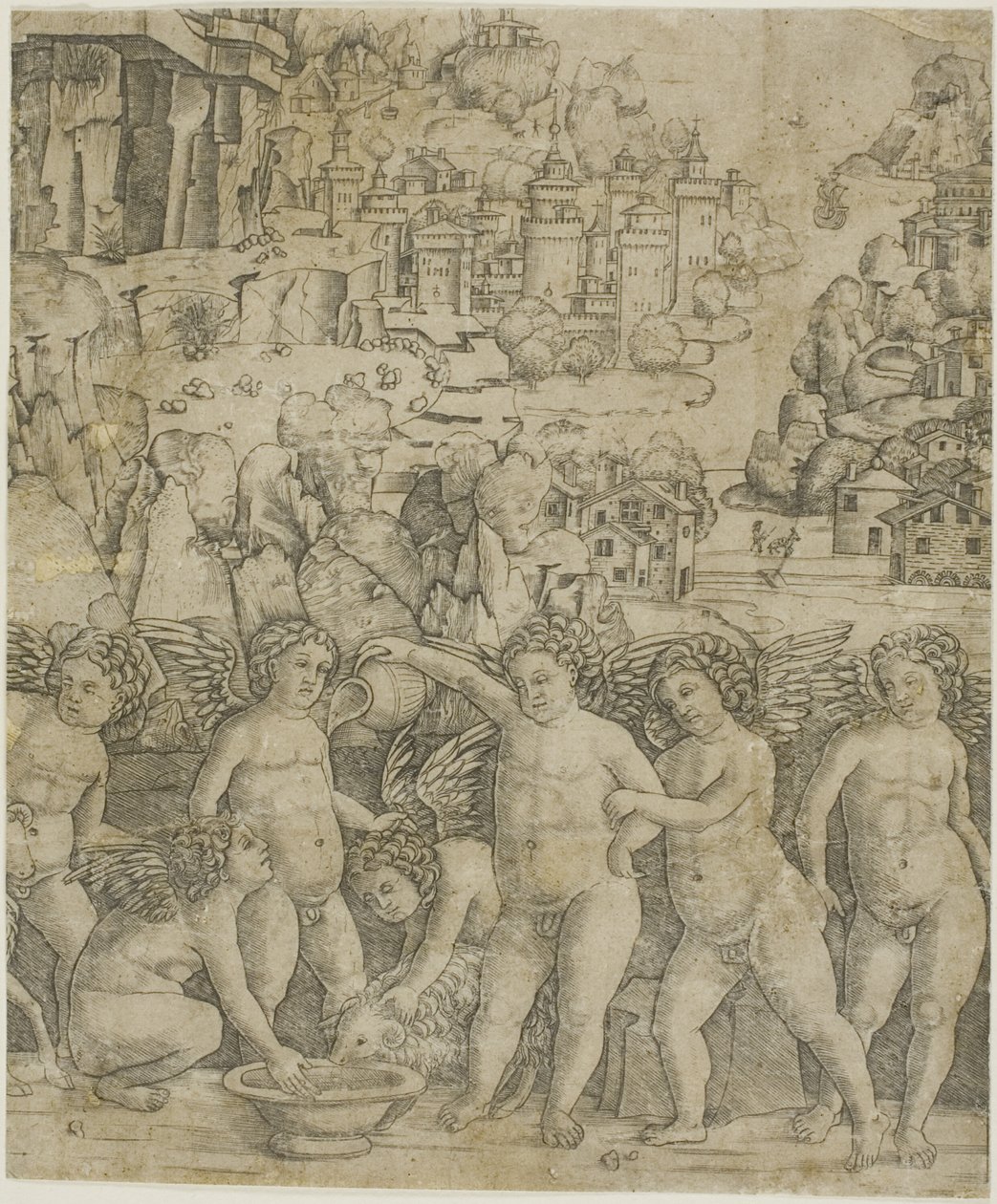 Sete Cupidos com dois carneiros em uma paisagem de Giovanni Antonio da Brescia