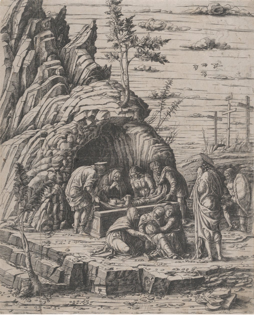 O sepultamento de Cristo que está sendo baixado por dois homens em uma tumba de pedra antes de..., ca. 1470-1500. de Giovanni Antonio da Brescia