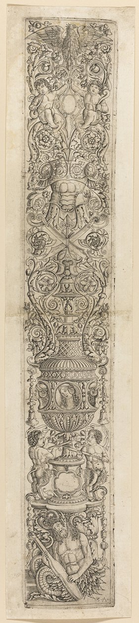 Tritão e dois sátiros infantis, prato 4 de Doze painéis de ornamentos de Giovanni Antonio da Brescia