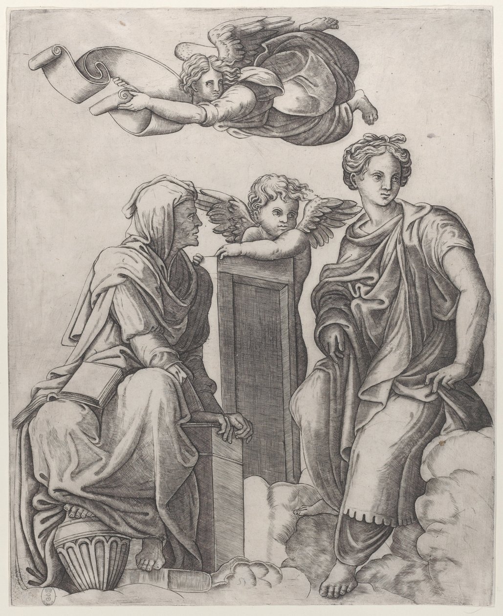 Duas figuras femininas sentadas nas nuvens ladeando um anjo e outra voando acima ..., ca. 1510-25. de Giovanni Antonio da Brescia