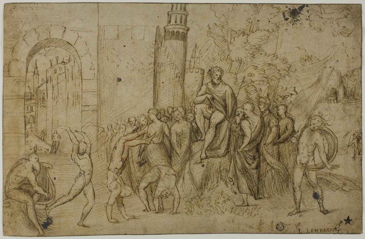 Acrobatas a atuar perante uma régua (anverso); Cena exterior com grupo de figuras (verso) de Giovanni Antonio da Pordenone