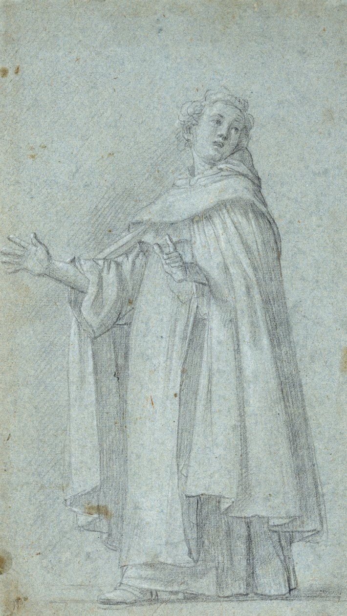 Estudo de um Dominicano em pé, c. 1595 (giz negro, aumentado com branco, sobre papel de colagem azul) de Giovanni Baglione