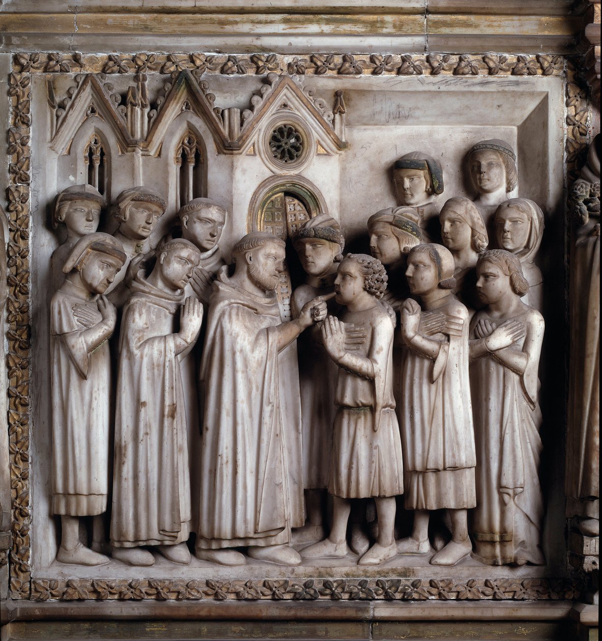 O milagre do mudo (Vida de São Pedro de Verona). detalhe de um relevo de mármore de Giovanni Balduccio