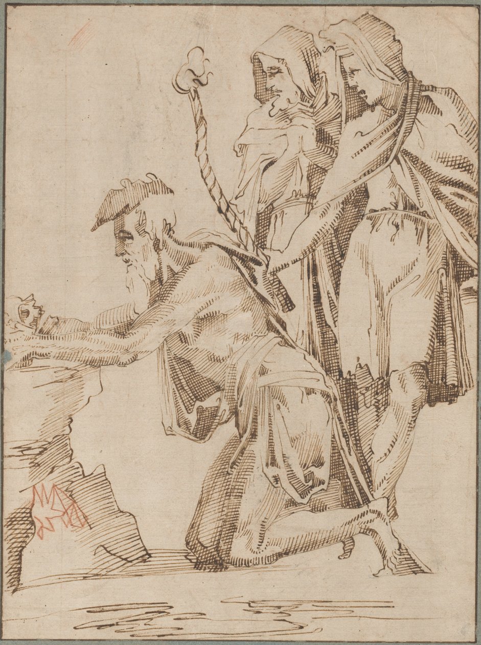 Eremita ajoelhado e duas figuras drapejadas contemplando um crânio de Giovanni Bandini