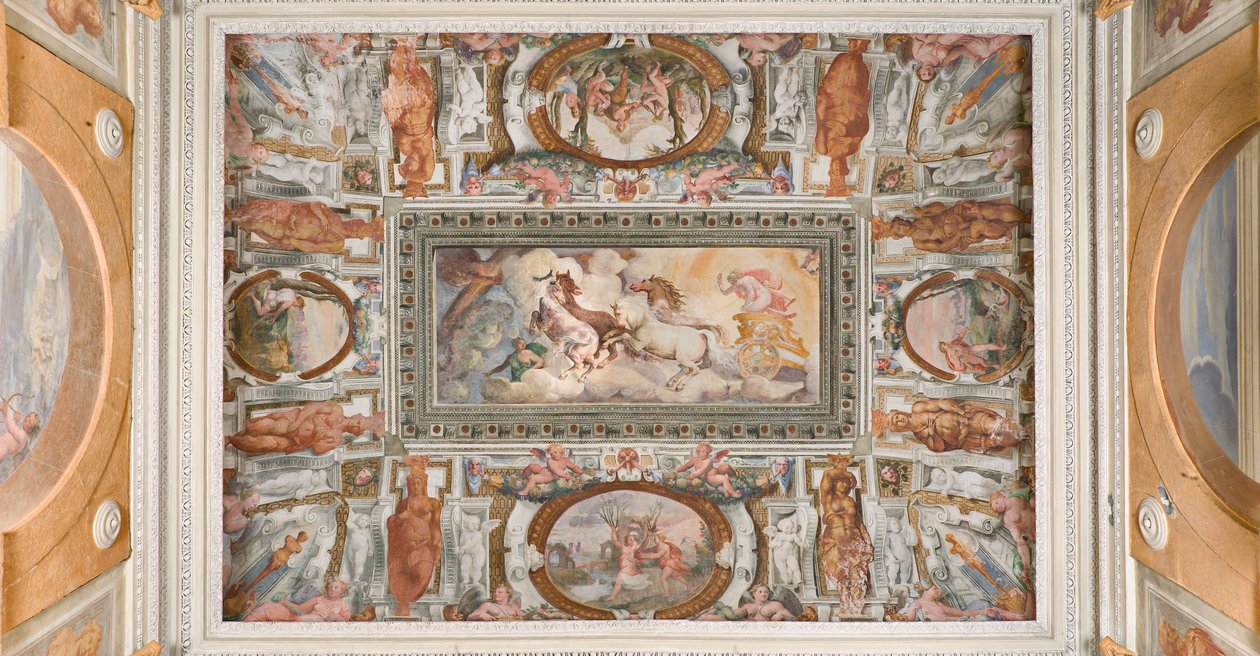Carruagem do Sol conduzida por Apollo, Apollo Loggia, c.1560 (fresco) de Giovanni Battista and Cambiaso Luca Castello