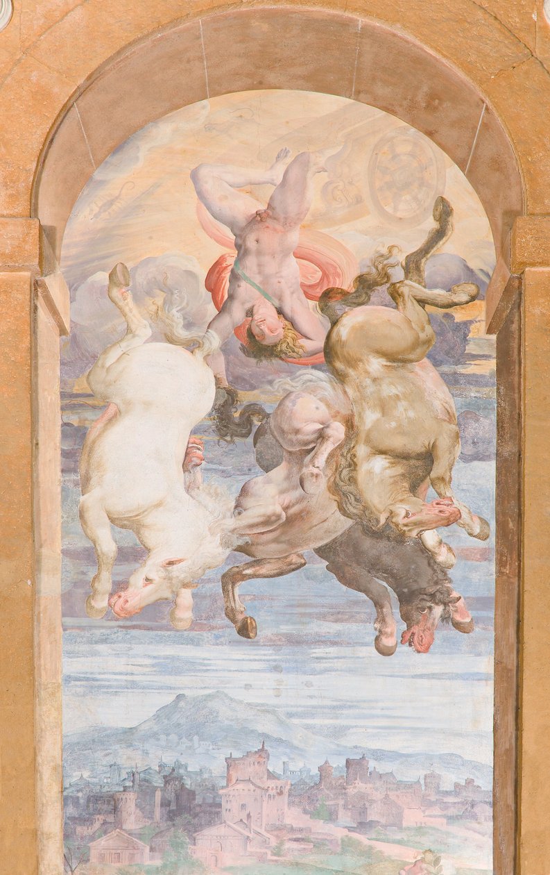 A Carruagem do Sol conduzida pela Apollo mergulhando em direcção à Terra, muro oriental da Apollo Loggia, c.1560 (fresco) de Giovanni Battista and Cambiaso Luca Castello