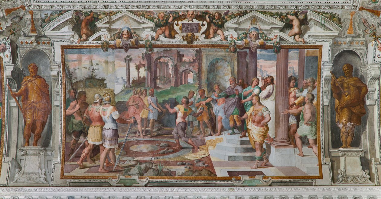 Histórias de Ulisses: detalhe do jogo de atirar pedras na corte dos feacianos, c.1560 (fresco) (detalhe de 3606285) de Giovanni Battista Castello